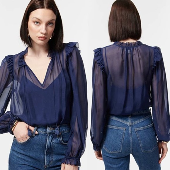 NWT Cami NYC Sheer Chiffon Ruffle Sandy Storm Navy Blue Sheer Blouse Top - Picture 1 of 7